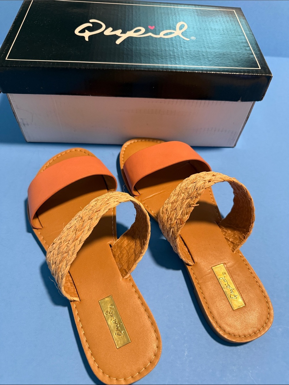 Cupid Tan Slide Sandals with Coral Upper and Woven Strap